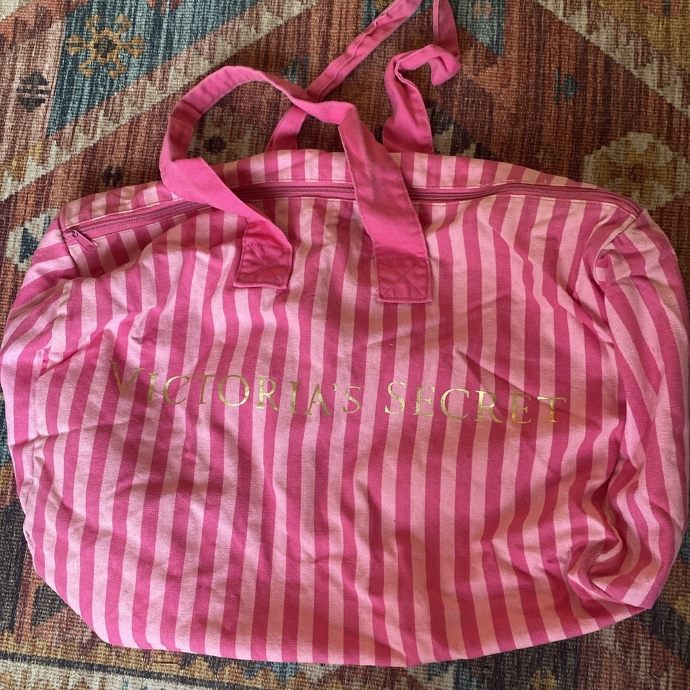 Vintage Victoria's Secret Large Iconic Pink Stripe Weekender Duffel Bag Tote